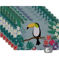 KitchenYeah Placemat - Placemats kunststof - Toekan - Planten - Bloemen - Kinderen - Dieren - Kids - 45x30 cm - 6 stuks - Hittebestendig - Anti-Slip - Onderlegger - Afneembaar