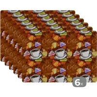 KitchenYeah Placemat - Placemats kunststof - Koffie - Croissant - Patronen - Ontbijt - 45x30 cm - 6 stuks - Hittebestendig - Anti-Slip - Onderlegger - Afneembaar