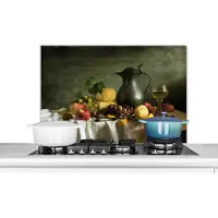 KitchenYeah Spatscherm keuken 80x55 cm - Kookplaat achterwand Rustiek - Kaas - Theekan - Fruit - Stilleven - Muurbeschermer - Spatwand fornuis - Hoogwaardig aluminium