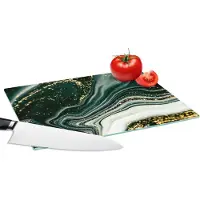 KitchenYeah Glazen Snijplank - 28x20 - Marmerlook - Goud - Groen - Glitter - Design - Marmer - Snijplanken Glas
