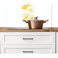KitchenYeah Spatscherm keuken 80x40 cm - Kookplaat achterwand Lijntekening - Bloemen - Geel - Vaas - Muurbeschermer - Spatwand fornuis - Hoogwaardig aluminium