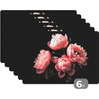 KitchenYeah Placemat - Placemats kunststof - Bloemen - Pioenroos - Roze - Botanisch - Natuur - 45x30 cm - 6 stuks - Hittebestendig - Anti-Slip - Onderlegger - Afneembaar