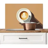 KitchenYeah Spatscherm keuken 80x55 cm - Kookplaat achterwand Cappuccino - Kop - Schotel - Minimalitisch - Muurbeschermer - Spatwand fornuis - Hoogwaardig aluminium