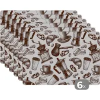 KitchenYeah Placemat - Placemats kunststof - Koffie - Croissant - Patroon - 45x30 cm - 6 stuks - Hittebestendig - Anti-Slip - Onderlegger - Afneembaar