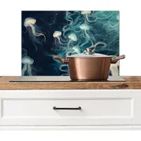 KitchenYeah Spatscherm keuken 70x50 cm - Kookplaat achterwand Kwallen - Zee - Wit - Golven - Muurbeschermer - Spatwand fornuis - Hoogwaardig aluminium
