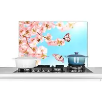 KitchenYeah - Spatscherm - Vlinder - Bloemen - Bloesem takken - Natuur - Roze - Insecten - Achterwand keuken - 90x60 cm - Spatwand - Spatscherm dieren - Muurbeschermer