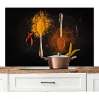 KitchenYeah Spatscherm keuken 120x80 cm - Kookplaat achterwand Stilleven - Lepels - Eten - Kruiden - Zwart - Muurbeschermer - Spatwand fornuis - Hoogwaardig aluminium