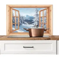 KitchenYeah Spatscherm keuken 80x55 cm - Kookplaat achterwand Doorkijk - Winterlandschap - Natuur - Berg - Bomen - Hout - Muurbeschermer - Spatwand fornuis - Hoogwaardig aluminium