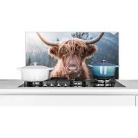 KitchenYeah Spatscherm keuken 80x40 cm - Kookplaat achterwand Schotse hooglander - Koe - Dieren - Berg - Natuur - Muurbeschermer - Spatwand fornuis - Hoogwaardig aluminium