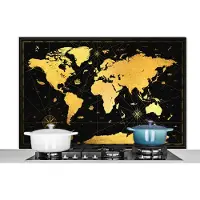 KitchenYeah Spatscherm keuken 120x80 cm - Kookplaat achterwand Wereldkaart - Goud - Zwart - Luxe - Muurbeschermer - Spatwand fornuis - Hoogwaardig aluminium