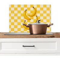 KitchenYeah Spatscherm keuken 60x40 cm - Kookplaat achterwand Bananen - Geel - Geblokt - Muurbeschermer - Spatwand fornuis - Hoogwaardig aluminium