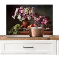 KitchenYeah Spatscherm keuken 80x55 cm - Kookplaat achterwand Bloemen - Fruit - Stilleven - Roze - Muurbeschermer - Spatwand fornuis - Hoogwaardig aluminium