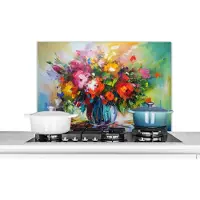 KitchenYeah Spatscherm keuken 90x60 cm - Kookplaat achterwand Bloemen - Kleurrijk - Bloempot - Olieverf - Muurbeschermer - Spatwand fornuis - Hoogwaardig aluminium