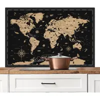 KitchenYeah Spatscherm keuken 120x80 cm - Kookplaat achterwand Wereldkaart - Beige - Zwart - Muurbeschermer - Spatwand fornuis - Hoogwaardig aluminium