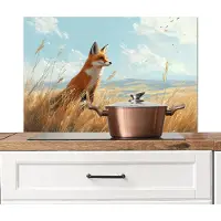 KitchenYeah Spatscherm keuken 90x60 cm - Kookplaat achterwand Vos - Gras - Wolken - Oranje - Muurbeschermer - Spatwand fornuis - Hoogwaardig aluminium