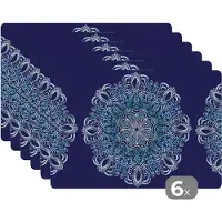 KitchenYeah Placemat - Placemats kunststof - Mandala - Blauw - Patronen - 45x30 cm - 6 stuks - Hittebestendig - Anti-Slip - Onderlegger - Afneembaar
