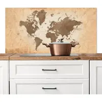 KitchenYeah Spatscherm keuken 120x60 cm - Kookplaat achterwand Wereldkaart - Beige - Bruin - Muurbeschermer - Spatwand fornuis - Hoogwaardig aluminium