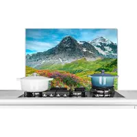 KitchenYeah Spatscherm keuken 80x55 cm - Kookplaat achterwand Bloemen - Berg - Sneeuw - Landschap - Muurbeschermer - Spatwand fornuis - Hoogwaardig aluminium