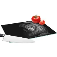 KitchenYeah Glazen Snijplank - 28x20 - Leeuw - Ogen - Oranje - Zwart wit - Dieren - Portret - Snijplanken Glas