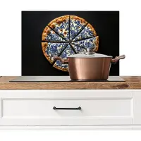 KitchenYeah Spatscherm keuken 70x50 cm - Kookplaat achterwand Pizza - Eten - Delftsblauw - Muurbeschermer - Spatwand fornuis - Hoogwaardig aluminium