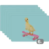 KitchenYeah Placemat - Placemats kunststof - Eend - Kuiken - Skateboard - Blauw - Roze - 45x30 cm - 6 stuks - Hittebestendig - Anti-Slip - Onderlegger - Afneembaar