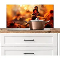 KitchenYeah Spatscherm keuken 80x40 cm - Kookplaat achterwand Vlinder - Bloemen - Oranje - Muurbeschermer - Spatwand fornuis - Hoogwaardig aluminium