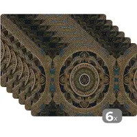 KitchenYeah Placemat - Placemats kunststof - Mandala - Goud - Bohemian - Luxe - 45x30 cm - 6 stuks - Hittebestendig - Anti-Slip - Onderlegger - Afneembaar