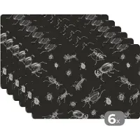 KitchenYeah Placemat - Placemats kunststof - Patronen - Insecten - Zwart Wit - 45x30 cm - 6 stuks - Hittebestendig - Anti-Slip - Onderlegger - Afneembaar