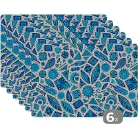 KitchenYeah Placemat - Placemats kunststof - Blauw - Patronen - Veren - Maan - 45x30 cm - 6 stuks - Hittebestendig - Anti-Slip - Onderlegger - Afneembaar