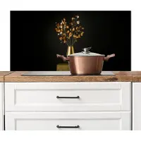 KitchenYeah Spatscherm keuken 100x50 cm - Kookplaat achterwand Goudbruine - Bladeren - Vaas - Herfstachtig - Muurbeschermer - Spatwand fornuis - Hoogwaardig aluminium