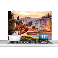 KitchenYeah Spatscherm keuken - San Francisco - Park - Bomen - Stad - Skyline - Licht - Kookplaat achterwand - Spatwand - 100x65 cm - Aluminium