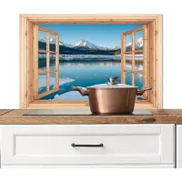 KitchenYeah Spatscherm keuken 90x60 cm - Kookplaat achterwand Doorkijk - Landschap - Winter - Meer - Bergen - Uitzicht - Muurbeschermer - Spatwand fornuis - Hoogwaardig aluminium