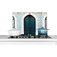 KitchenYeah Spatscherm keuken 60x40 cm - Kookplaat achterwand Deur - Hout - Groen - Huis - Muurbeschermer - Spatwand fornuis - Hoogwaardig aluminium