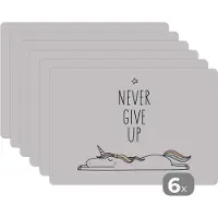 KitchenYeah Placemat kinderen - Placemat - Placemats kunststof - Unicorn - Kinderen - Quotes - Never give up - Meisjes - 45x30 cm - 6 stuks - Hittebestendig - Anti-Slip - Onderlegger - Afneembaar