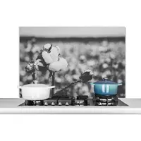 KitchenYeah Spatscherm keuken 100x65 cm - Kookplaat achterwand Katoen - Planten - Zwart - Wit - Muurbeschermer - Spatwand fornuis - Hoogwaardig aluminium