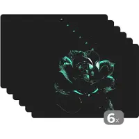 KitchenYeah Placemat - Placemats kunststof - Bloemen - Rozen - Blauw - Portret - Zwart - 45x30 cm - 6 stuks - Hittebestendig - Anti-Slip - Onderlegger - Afneembaar