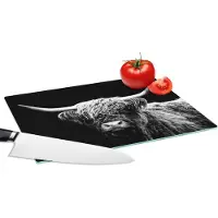 KitchenYeah Glazen Snijplank - 28x20 - Schotse Hooglander - Koe - Zwart - Wit - Dieren - Snijplanken Glas