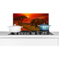 KitchenYeah - Spatscherm - Spatscherm keuken - Olifant - Zon - Savanne - Natuur - Spatscherm dieren - Keuken decoratie - Spatwand - 70x30 cm - Muurbeschermer