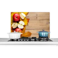 KitchenYeah Spatscherm keuken 90x60 cm - Kookplaat achterwand Appel - Bladeren - Herfst - Fruit - Muurbeschermer - Spatwand fornuis - Hoogwaardig aluminium