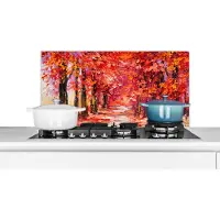 KitchenYeah Spatscherm keuken 90x45 cm - Kookplaat achterwand Schilderij - Bomen - Herfst - Olieverf - Muurbeschermer - Spatwand fornuis - Hoogwaardig aluminium