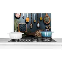 KitchenYeah Spatscherm keuken 60x40 cm - Kookplaat achterwand Kruiden - Lepels - Specerijen - Keuken - Muurbeschermer - Spatwand fornuis - Hoogwaardig aluminium