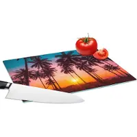 KitchenYeah Glazen Snijplank - 28x20 - Palmboom - Zonsondergang - Horizon - Strand - Oranje - Roze - Snijplanken Glas