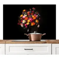 KitchenYeah Spatscherm keuken 120x80 cm - Kookplaat achterwand Kleurrijk - Boeket - Vaas - Donkerbruin - Muurbeschermer - Spatwand fornuis - Hoogwaardig aluminium