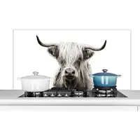 KitchenYeah Spatscherm keuken 120x60 cm - Kookplaat achterwand Schotse hooglander - Zwart - Wit - Muurbeschermer - Spatwand fornuis - Hoogwaardig aluminium