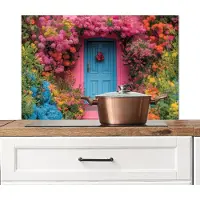 KitchenYeah Spatscherm keuken 80x55 cm - Kookplaat achterwand Bloemen - Deur - Roze - Muurbeschermer - Spatwand fornuis - Hoogwaardig aluminium
