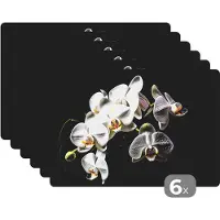 KitchenYeah Placemat - Placemats kunststof - Orchidee - Bloemen - Wit - Natuur - Zwart - 45x30 cm - 6 stuks - Hittebestendig - Anti-Slip - Onderlegger - Afneembaar