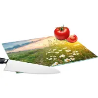 KitchenYeah Glazen Snijplank - 28x20 - Bloemen - Madelief - Natuur - Zon - Horizon - Snijplanken Glas