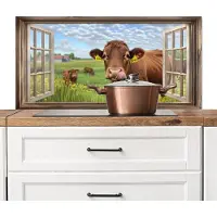 KitchenYeah Spatscherm keuken 100x50 cm - Kookplaat achterwand Doorkijk - Koe - Weiland - Landschap - Dieren - Muurbeschermer - Spatwand fornuis - Hoogwaardig aluminium