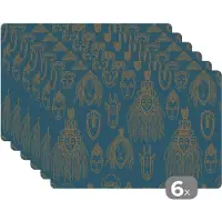KitchenYeah Placemat - Placemats kunststof - Masker - Afrikaans - Goud - Patronen - 45x30 cm - 6 stuks - Hittebestendig - Anti-Slip - Onderlegger - Afneembaar