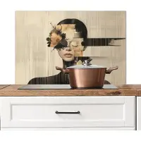 KitchenYeah Spatscherm keuken 80x55 cm - Kookplaat achterwand Gezicht - Bloemen - Zwart - Vrouw - Muurbeschermer - Spatwand fornuis - Hoogwaardig aluminium